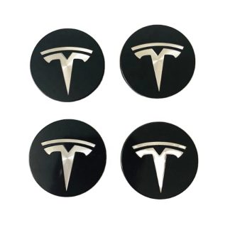 Tesla - vanteen mustat keskikupit hopeisella logolla (4 kpl)